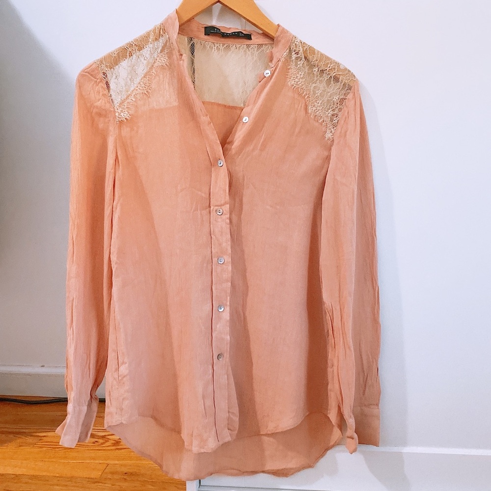 Zara coral button down blouse with lace yoke